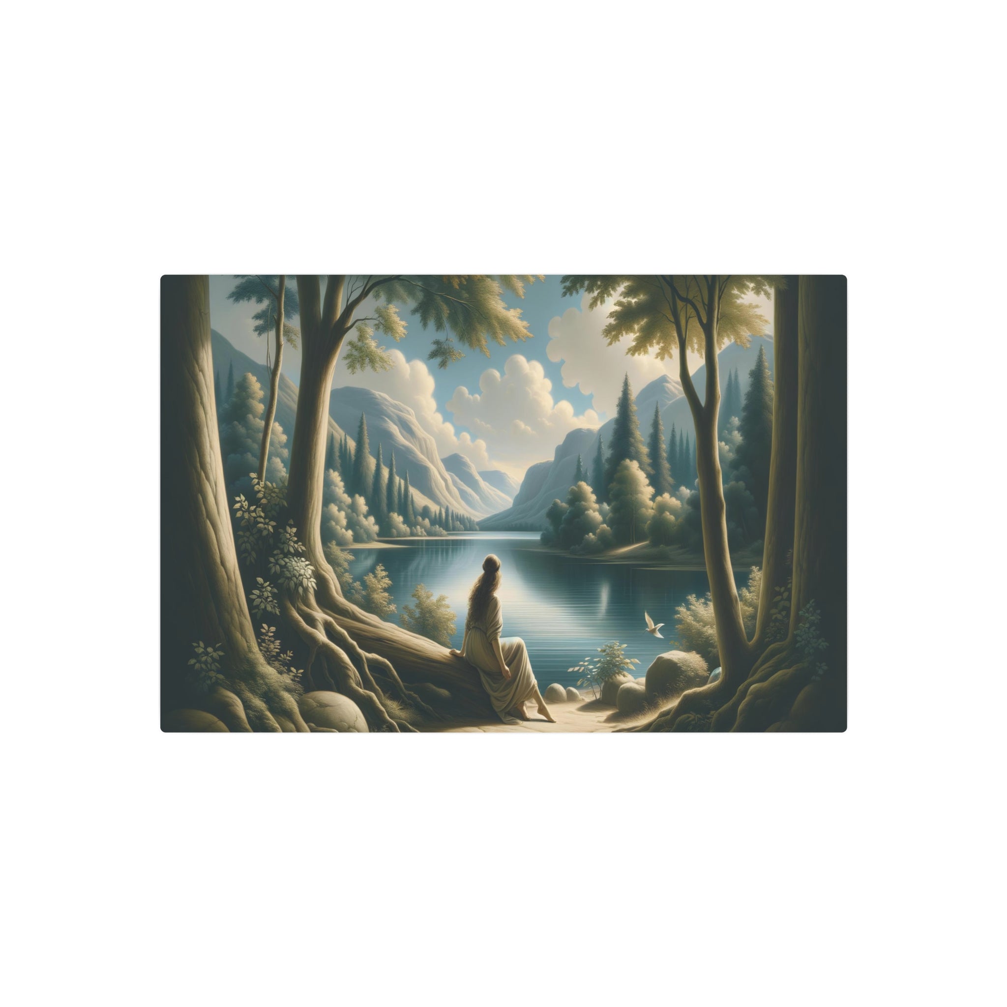 Metal Poster Art | "Renaissance Style Artwork: Serene Lake Scene with Woman - Western Art Styles Collection"
