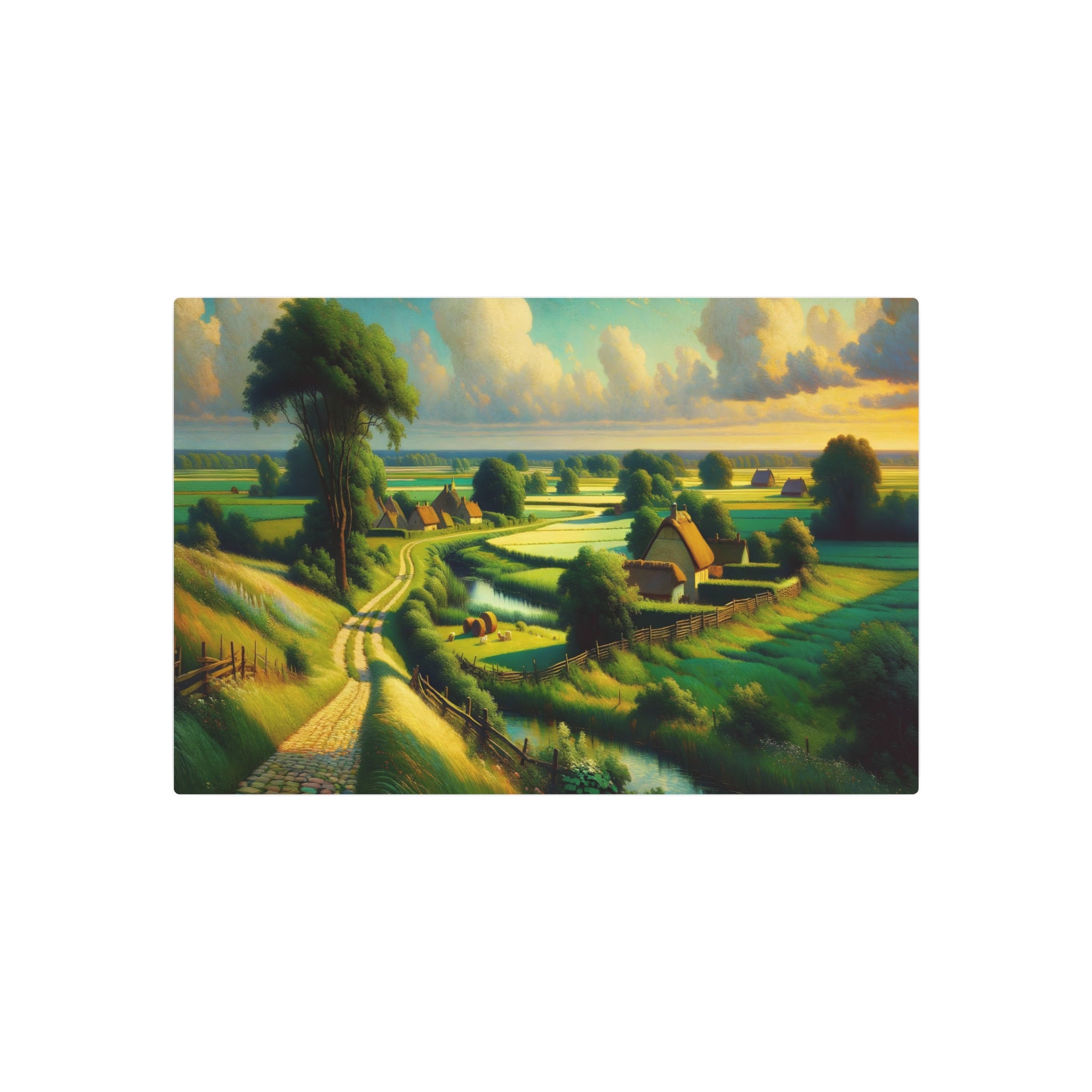 Metal Poster Art | "Post-Impressionist Art - Vibrant and Peaceful Countryside Landscape with Emphasis on Light and Movement - Western Art Styles Collection"