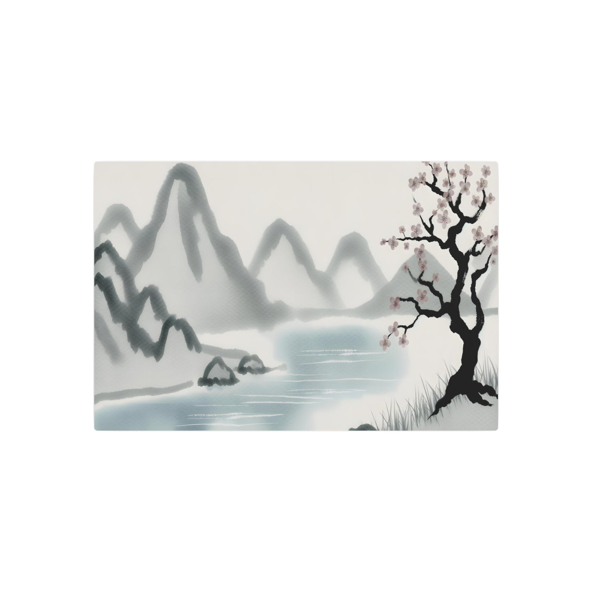 Metal Poster Art | "Traditional Sumi-e Japanese Ink Wash Art: Calming Landscape Scene with Delicate Mountains, Serene River, and Lone Cherry Blossom Tree -