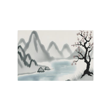 Metal Poster Art | "Traditional Sumi-e Japanese Ink Wash Art: Calming Landscape Scene with Delicate Mountains, Serene River, and Lone Cherry Blossom Tree -