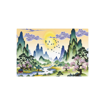 Metal Poster Art | "Traditional Chinese Silk Painting of Majestic Mountains and Cherry Blossoms - Luxurious Asian Art Style Featuring Soaring Birds and Flowing River"