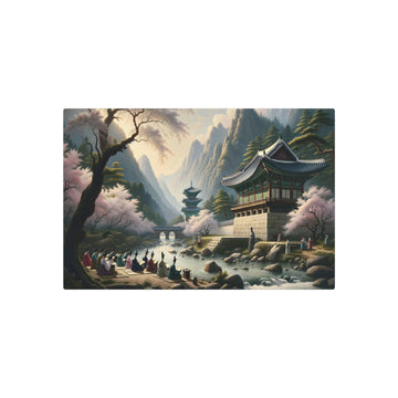 Metal Poster Art | "Joseon Dynasty-Inspired Korean Landscape Painting with River, Temples, and Cherry Blossoms - Asian Art Styles"