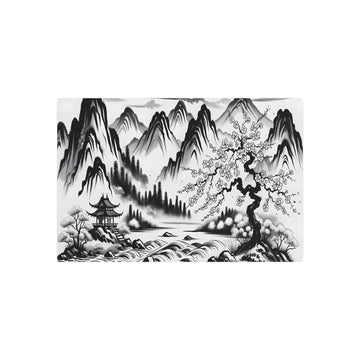 Metal Poster Art | "Sumi-e Style Japanese Ink Wash Painting - Tranquil Landscape with Mountains, River and Cherry Blossom"