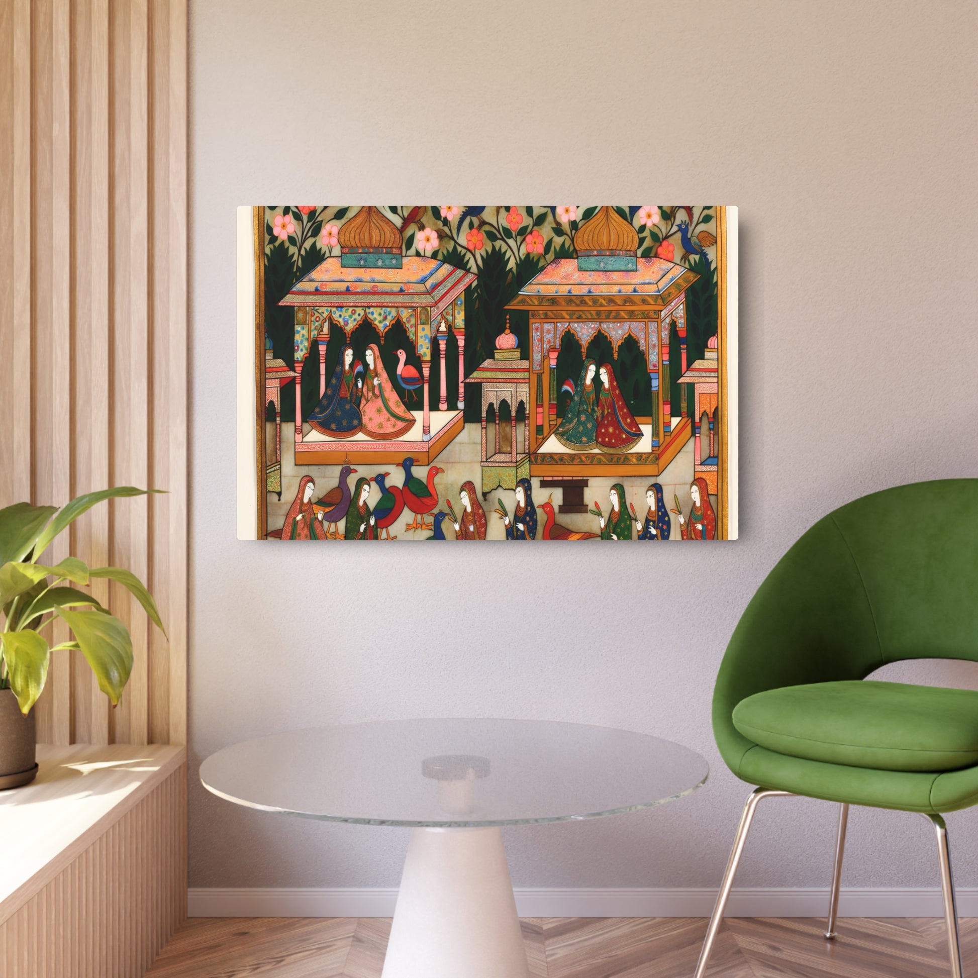 Metal Poster Art | "Mughal Miniature Artwork: Intricate South Asian Depiction of Royal Courts, Lush Gardens, and Colorful Birds in Rich Costumes - Metal Poster Art 36″ x 24″ (Horizontal) 0.12''