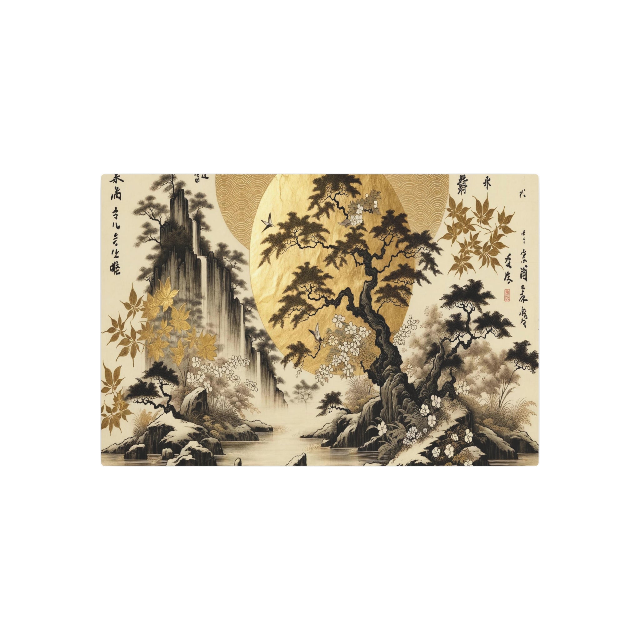 Metal Poster Art | "Kano School Inspired Refined Nature Scenes with Elegant Gold Leaf - Asian Art Styles"