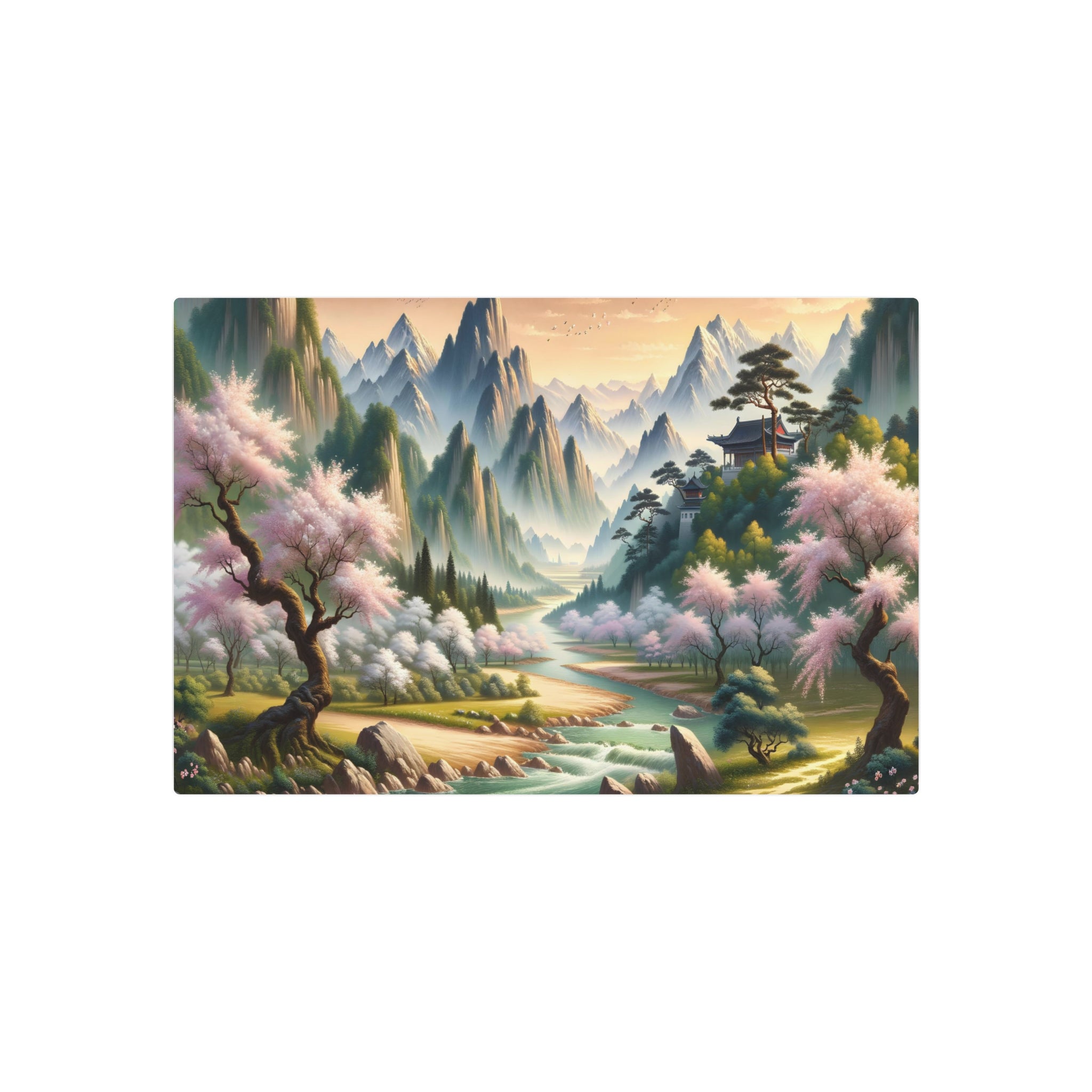 Metal Poster Art | "Panoramic Chinese Landscape Painting: Immersive Song Dynasty-Inspired Artwork with Serene Mountain Ranges and Cherry Blossom Trees in Asian