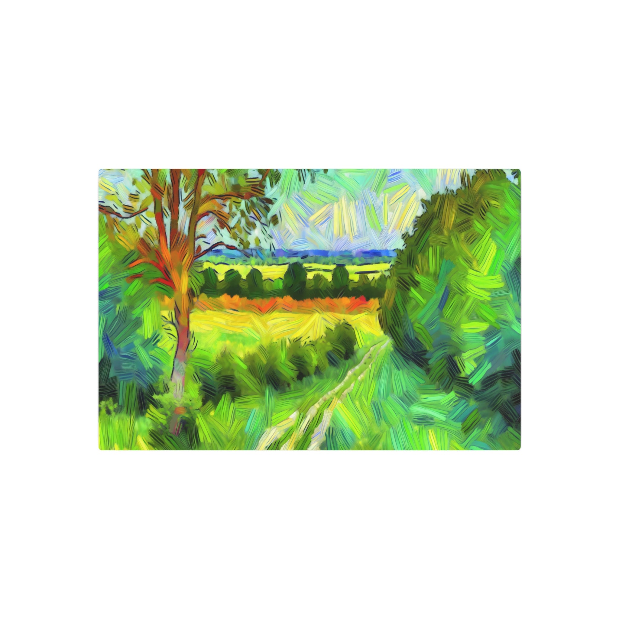 Metal Poster Art | "Vibrant Post-Impressionist Countryside Landscape Artwork - Colorful Western Art Style Dalle-3 Image with Fields, Trees and