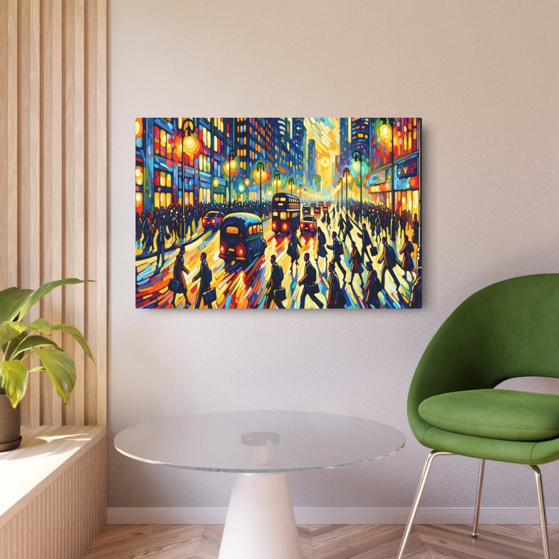 Metal Poster Art | "Expressionist Western Art: Animated City Street Scene in Evening - Vibrant and Passionate Expressionism Painting of People Rushing Home After Work" - Metal Poster Art 36″ x 24″ (Horizontal) 0.12''