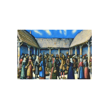 Metal Poster Art | "Renaissance Style Artwork: Vivid Image of Crowded Marketplace Scene with Trading Goods under Blue Sky - Western Art Styles Collection"