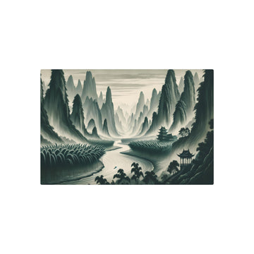 Metal Poster Art | "Traditional Chinese Landscape Art - Majestic Mountains, Curving Rivers, Bamboo Forests & Ancient Temples in Classic Asian Art Style"