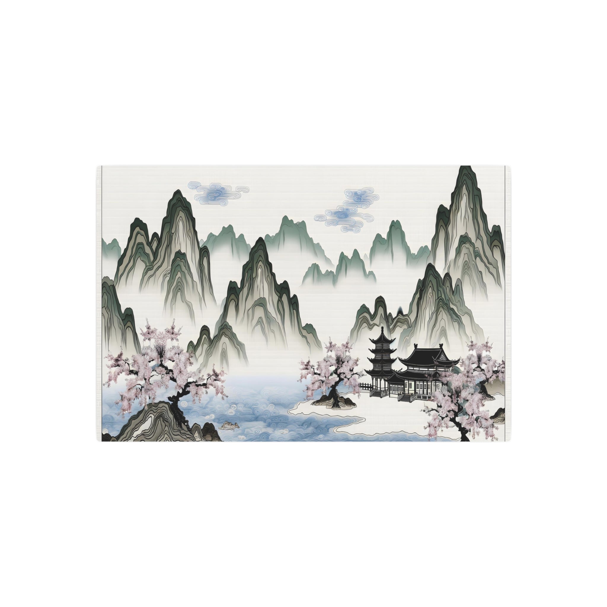 Metal Poster Art | "Vintage Chinese Silk Painting: Serene Asian Landscape with Mountains, River, Temples and Blooming Cherry Blossoms"