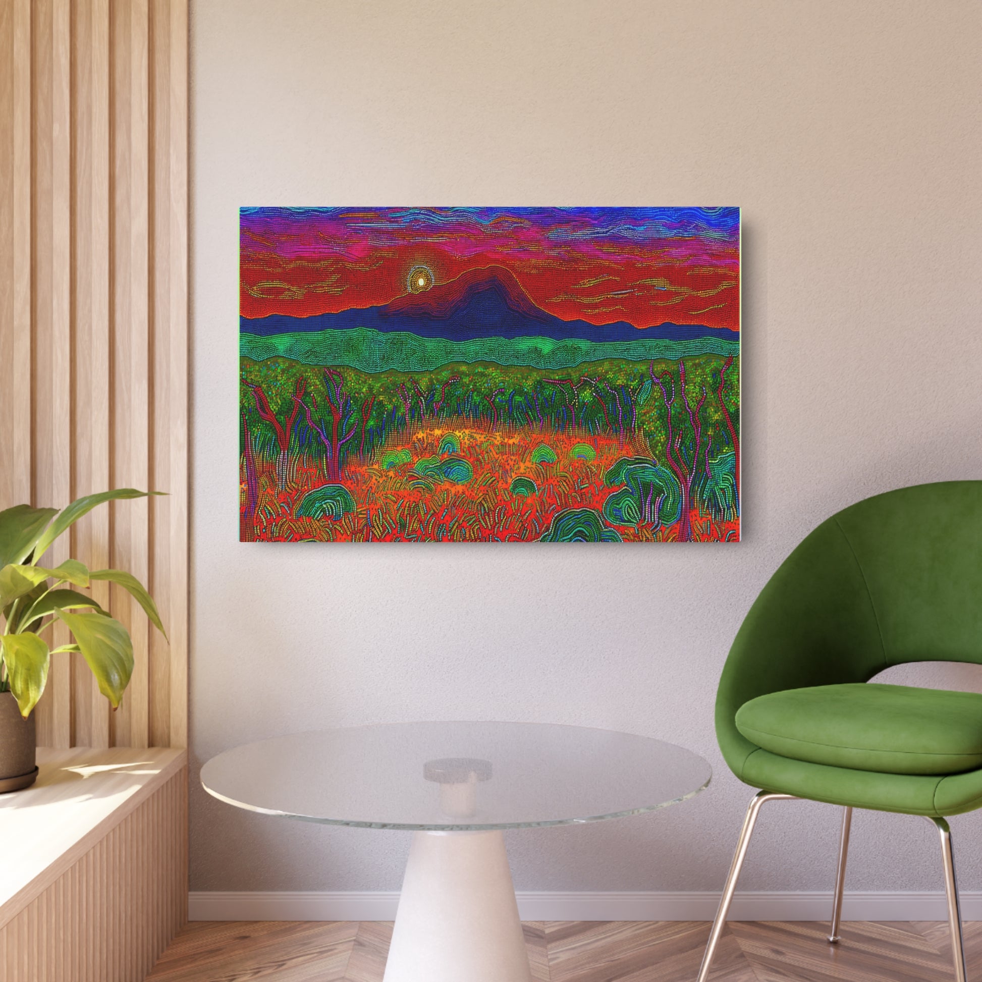 Metal Poster Art | "Vibrant Aboriginal Dot Painting Artwork: Australian Landscape in Non-Western & Global Styles" - Metal Poster Art 36″ x 24″ (Horizontal) 0.12''