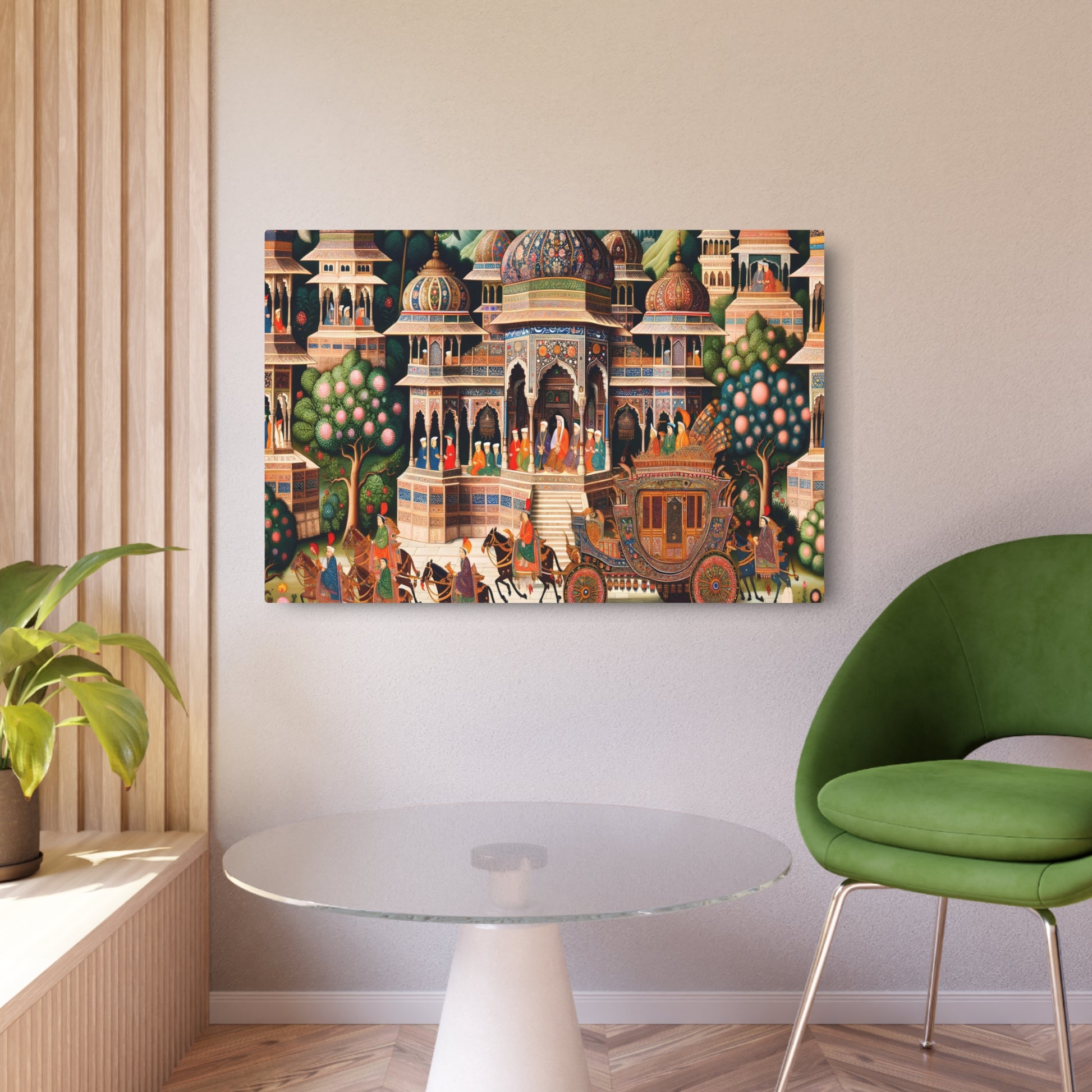 "Exquisite Mughal Miniature Painting - South Asian Art Showcasing Rich Architecture, Gardens & Costumes" - Metal Poster Art 36″ x 24″ (Horizontal) 0.12''