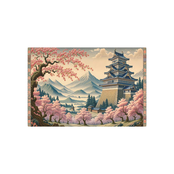 Metal Poster Art | "Kano School Inspired Japanese Art: Cherry Blossom Landscape with Majestic Mountains and Traditional Castle - Asian Art Styles"