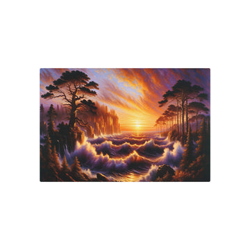 Metal Poster Art | "Romanticism Style Oil Painting - Dramatic Sunset Landscape with Tumultuous Seas and Towering Trees, Sublime Emotion in Western Art