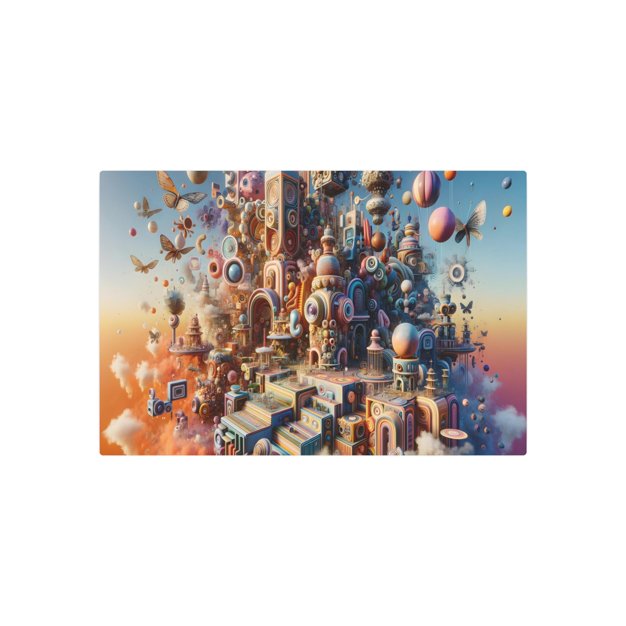 Metal Poster Art | "Whimsical Dreamlike Surreal Landscape Art - Vibrant Modern Contemporary Surrealism with Floating Objects & Impossible Structures"
