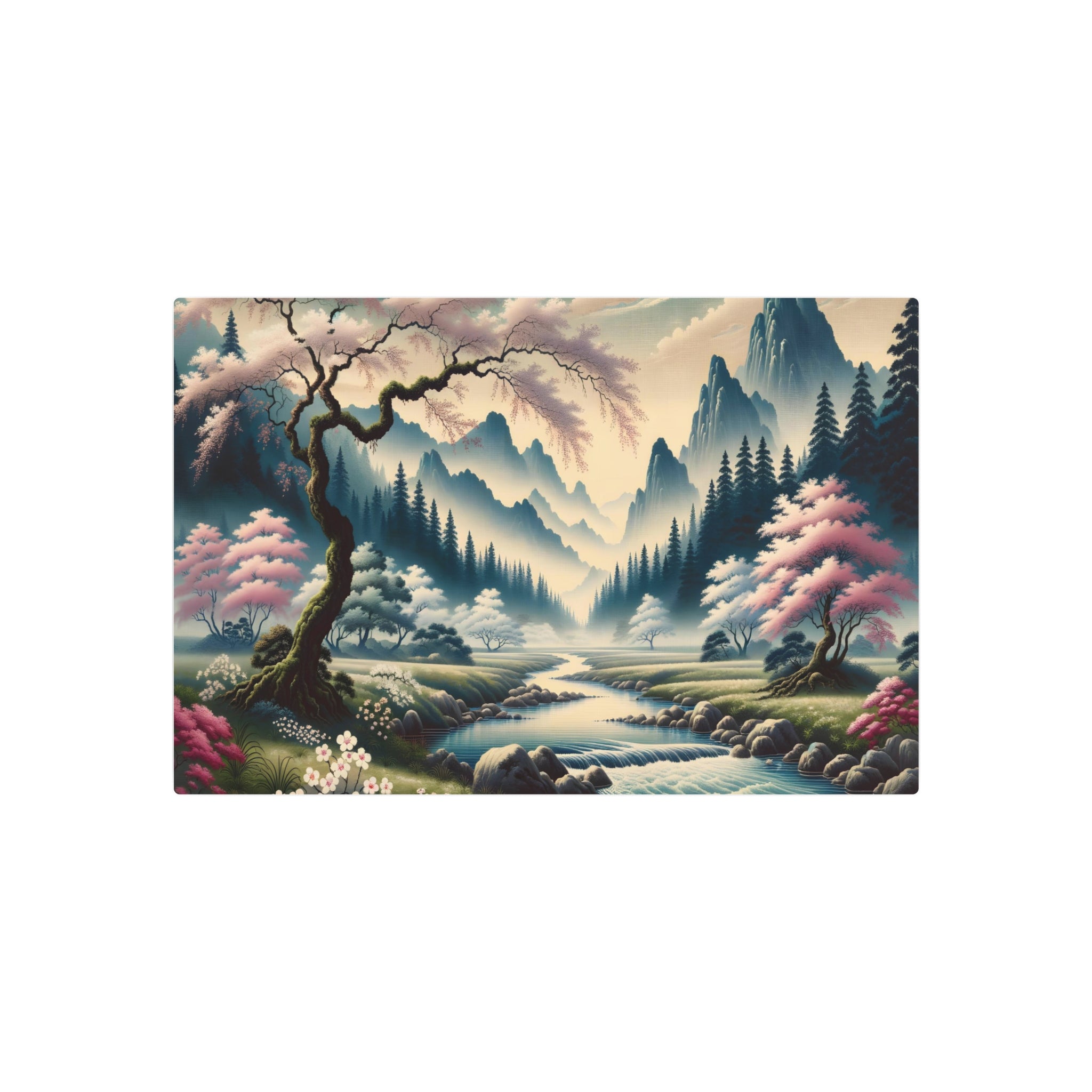 Metal Poster Art | "Kano School Japanese Art: Serene Landscape Painting with Cherry Blossoms, Tranquil River & Misty Mountains"