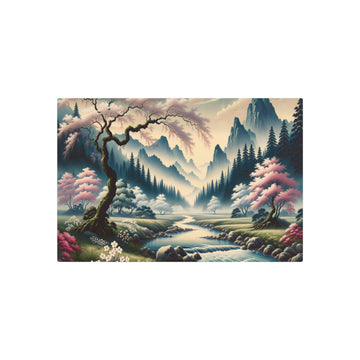 Metal Poster Art | "Kano School Japanese Art: Serene Landscape Painting with Cherry Blossoms, Tranquil River & Misty Mountains"