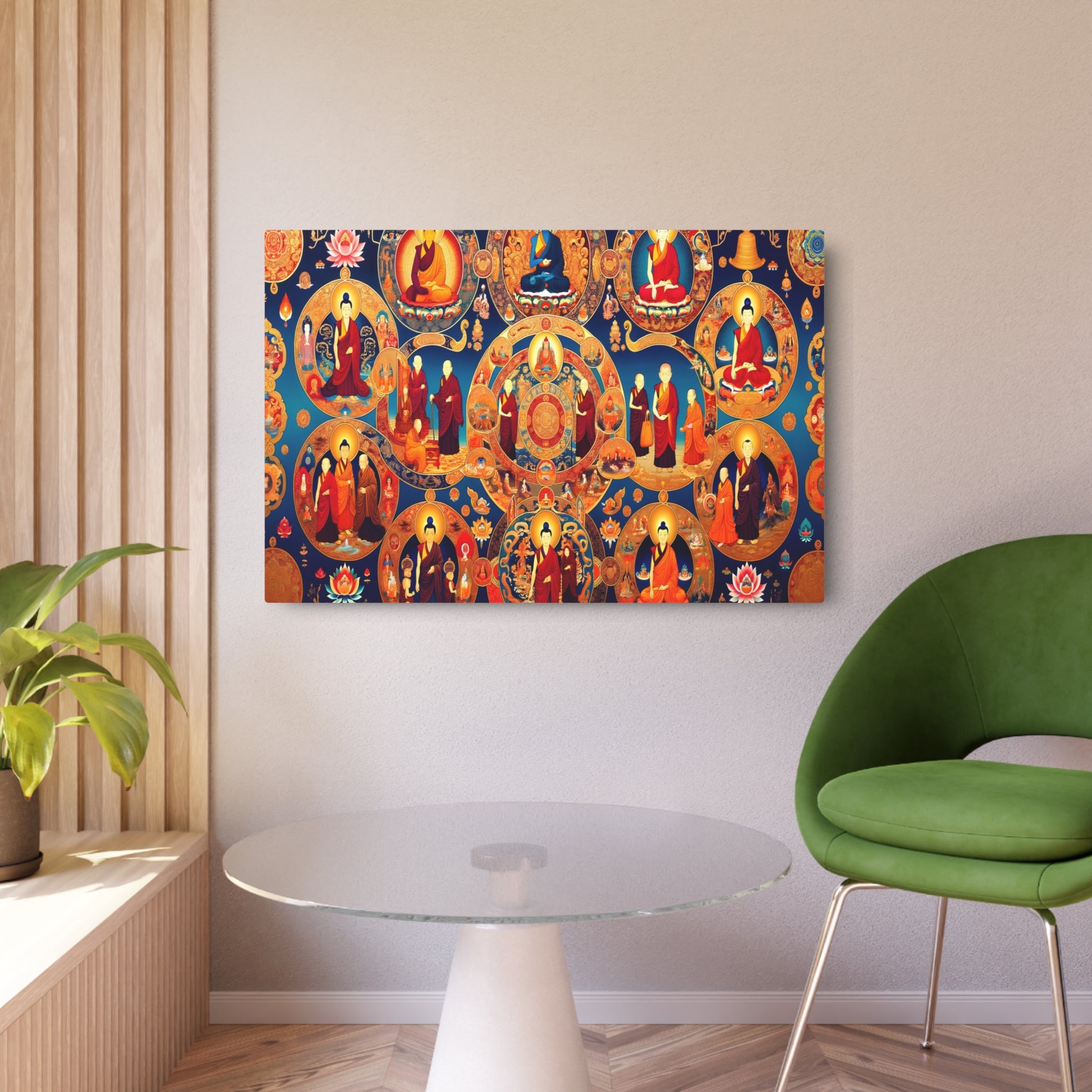 "Thangka-style Tibetan Life Stages Painting with Gold Gilding and Buddhist Symbols in Deep Reds, Blues, and Golds" - Metal Poster Art 36″ x 24″ (Horizontal) 0.12''