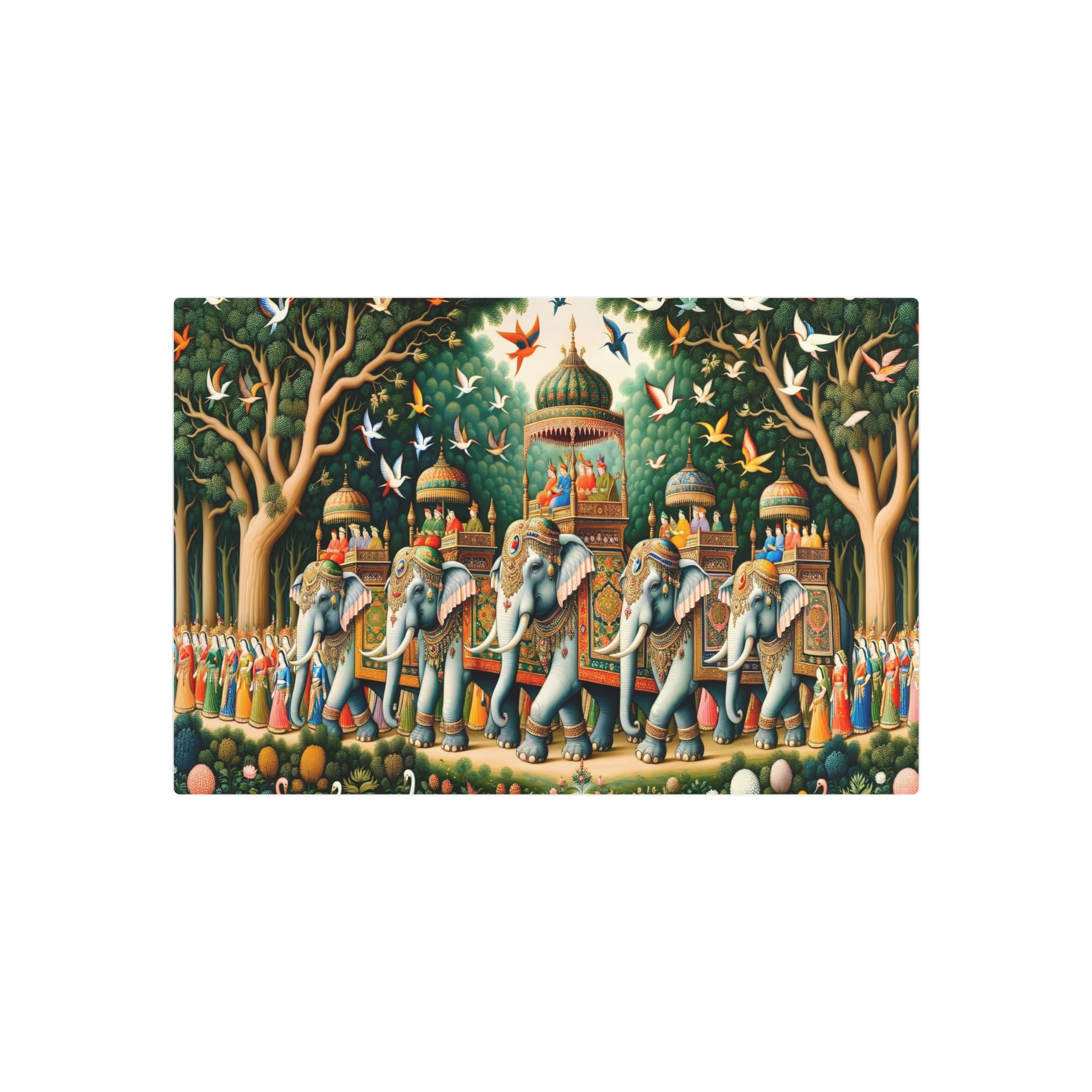 Metal Poster Art | "Mughal Miniature Art Print: Majestic Elephant Procession in Lush Forest with Vibrant Colors and Exotic Birds"