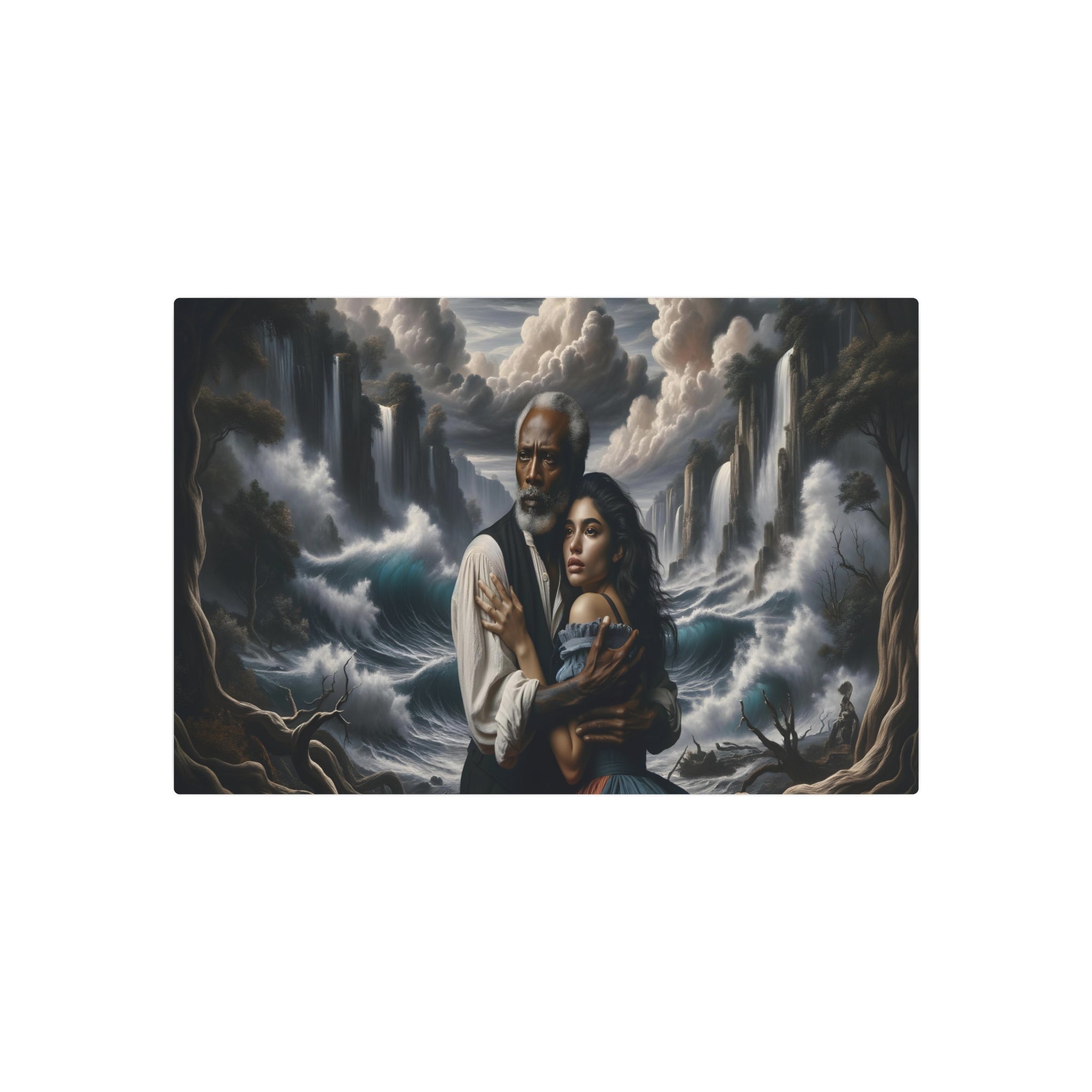 Metal Poster Art | "Romanticism Art Style - Dramatic Landscape Painting of Man and Woman Embracing in Nature, Featuring Chiaroscuro Lighting Techniques - Western