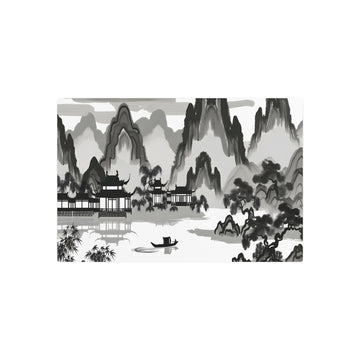 Metal Poster Art | "Traditional Chinese Landscape Painting - Majestic Mountains and Tranquil River Scene, Ancient Temples & Boat Artwork in Classic Black, White & Gray Ink