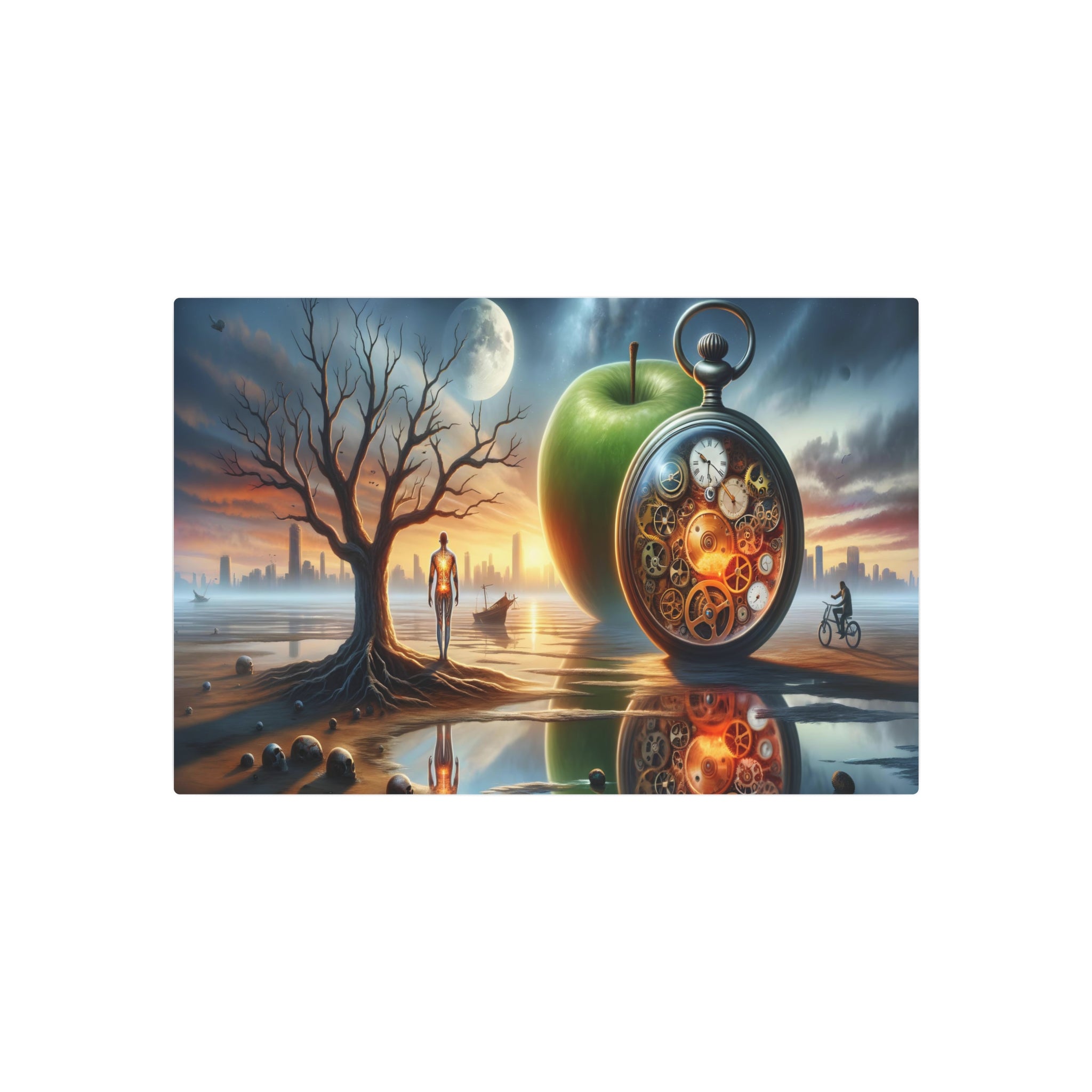 Metal Poster Art | "Modern Surrealism Art: Melting Pocket Watches, Gear-Labyrinth Human Figure & Glowing Apple Moon in Sunset Landscape - Contemporary Surreal Style