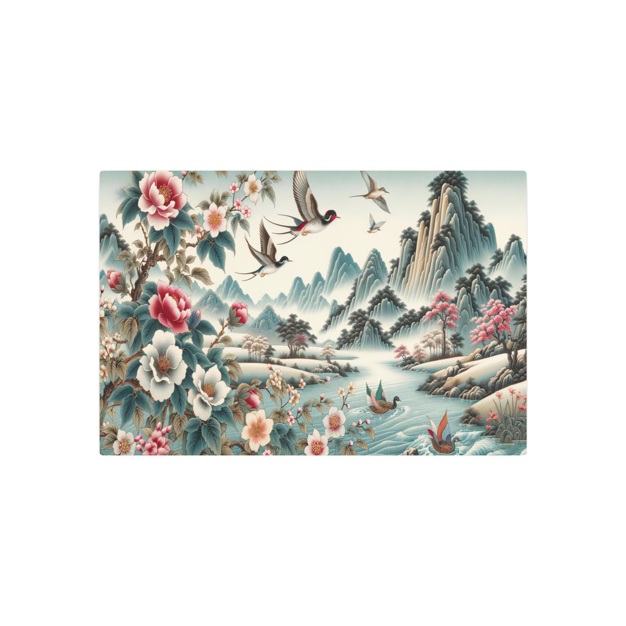 Metal Poster Art | "Tranquil Chinese Silk Painting Artwork: Nature's Symphony in Asian Art Styles"