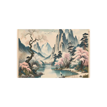 Metal Poster Art | "Kano School Japanese Art Style - Majestic Mountains and Cherry Blossom Scenery with a Serene River, Crane Design - Delicate Line Brush