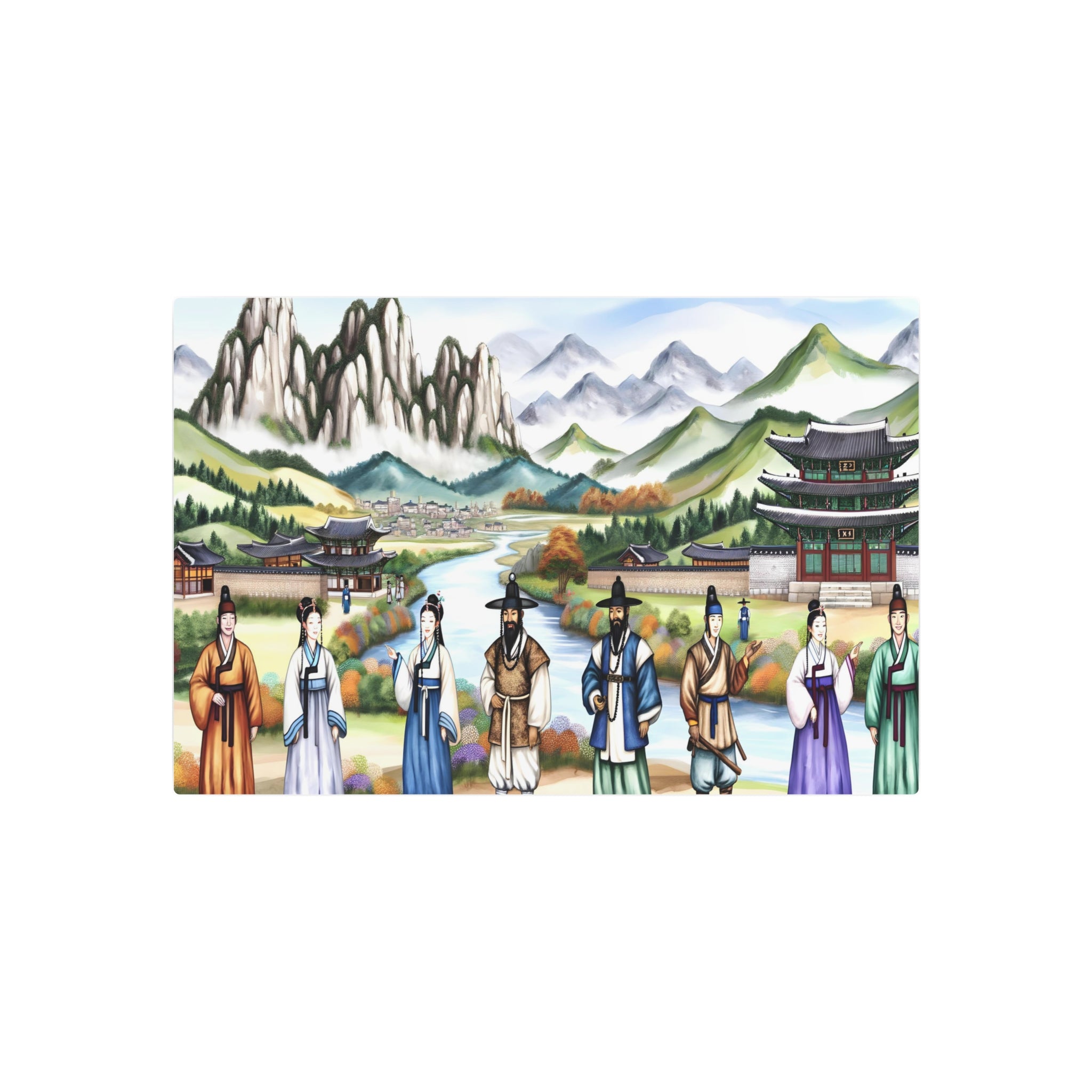 Metal Poster Art | "Joseon Dynasty Style Korean Landscape Art - Vibrant Painting of Mountains, Rivers & Traditional Architecture with People in Period Clothing: Asian Art Styles, Jose