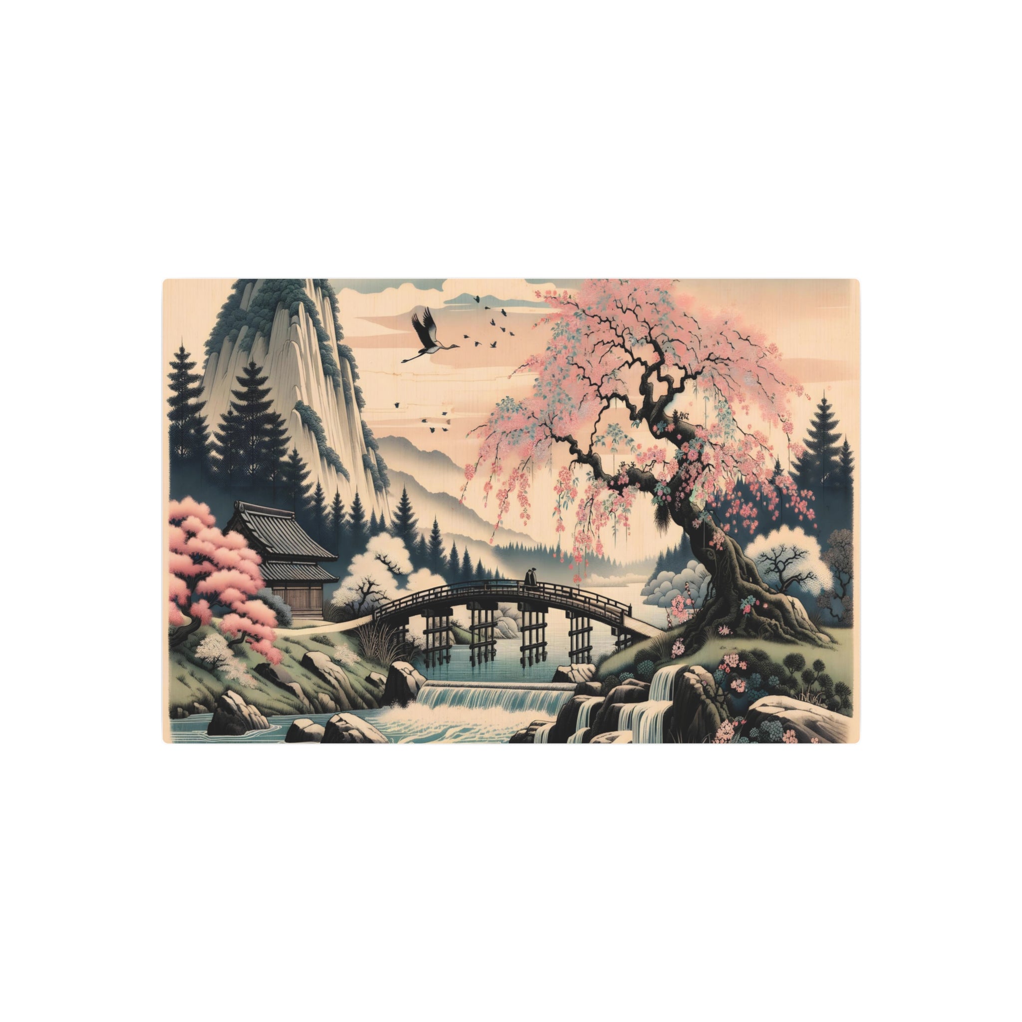 Metal Poster Art | "Kano School Inspired Asian Art Piece: Serene Japanese Landscape with Cherry Blossom Tree, River & Wooden Bridge"