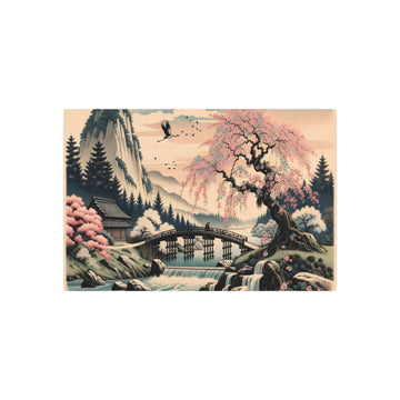 Metal Poster Art | "Kano School Inspired Asian Art Piece: Serene Japanese Landscape with Cherry Blossom Tree, River & Wooden Bridge"