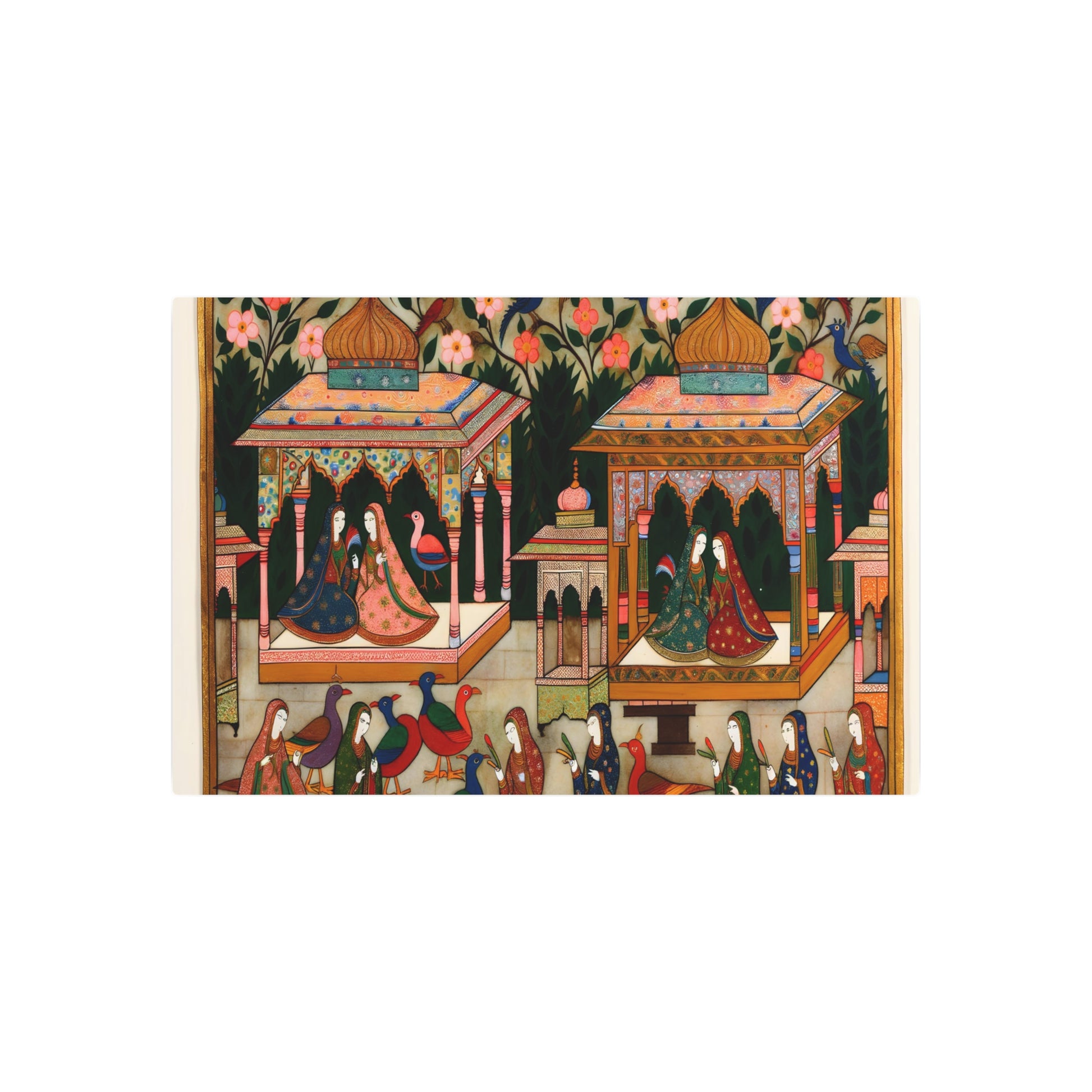 Metal Poster Art | "Mughal Miniature Artwork: Intricate South Asian Depiction of Royal Courts, Lush Gardens, and Colorful Birds in Rich Costumes - Metal Poster Art 36″ x 24″ (Horizontal) 0.12''