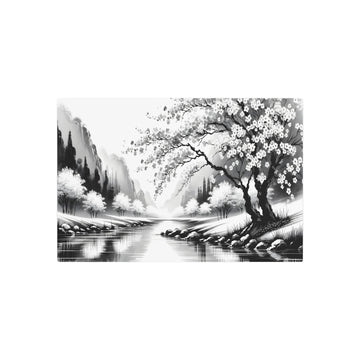 Metal Poster Art | "Serene Japanese Sumi-e Ink Wash Artwork - Asian Art Style Cherry Blossom Landscape with River"