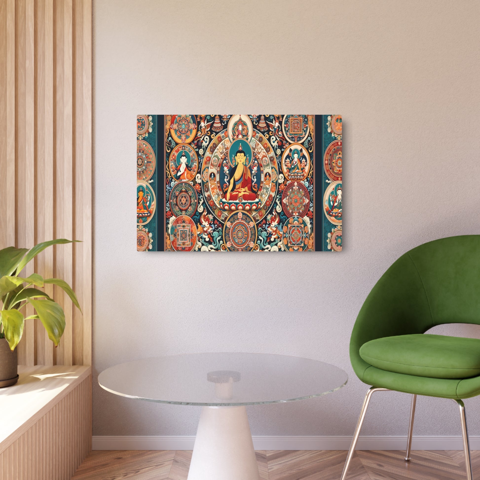 Metal Poster Art | "Vibrant Tibetan Thangka Painting: Traditional Asian Art Style with Intricate Details, Depicting Spiritual Scenes, Mandalas and Deities - Metal Poster Art 36″ x 24″ (Horizontal) 0.12''