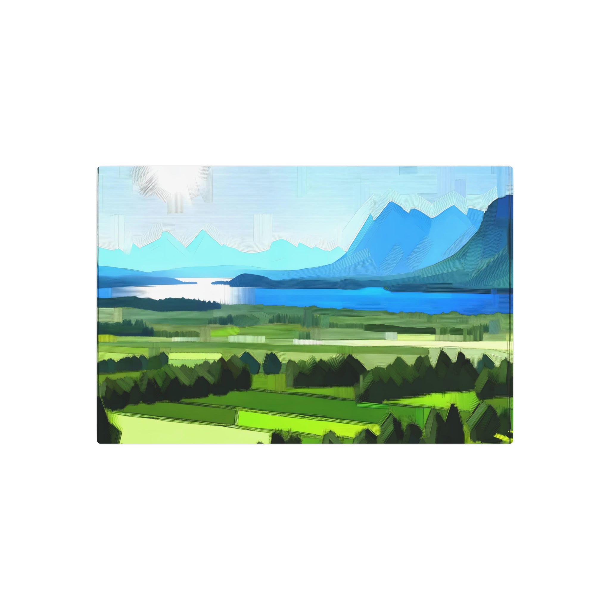 Metal Poster Art | "Realism Western Art Style: Sunlit Landscape with Verdant Fields, Tranquil Blue Lake and Towering Mountains - Detailed Real World Representation"