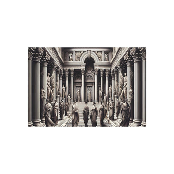 Metal Poster Art | "Neoclassical Art Print - Elegant Roman Scene with Classical Architecture and Figures in Traditional Robes, Balance of Dark and Light Colors - Western Art