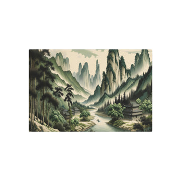 Metal Poster Art | "Traditional Chinese Landscape Ink Wash Painting: Serene Mountains, Rivers, and Ancient Architecture - Asian Art Styles, Chinese Landscape"