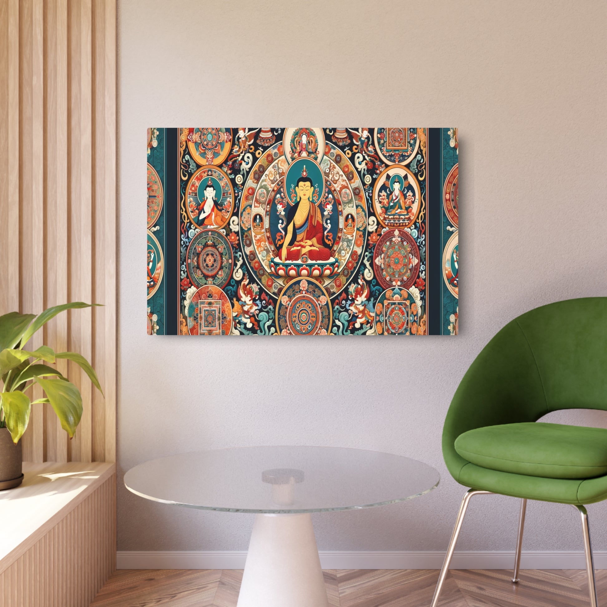 Metal Poster Art | "Vibrant Tibetan Thangka Painting: Traditional Asian Art Style with Intricate Details, Depicting Spiritual Scenes, Mandalas and Deities - Metal Poster Art 36″ x 24″ (Horizontal) 0.12''