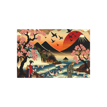 Metal Poster Art | "Ukiyo-e Style Japanese Artwork - Vibrant Sunset with Cherry Blossoms, Flowing River, Birds and Everyday Life in a Village near