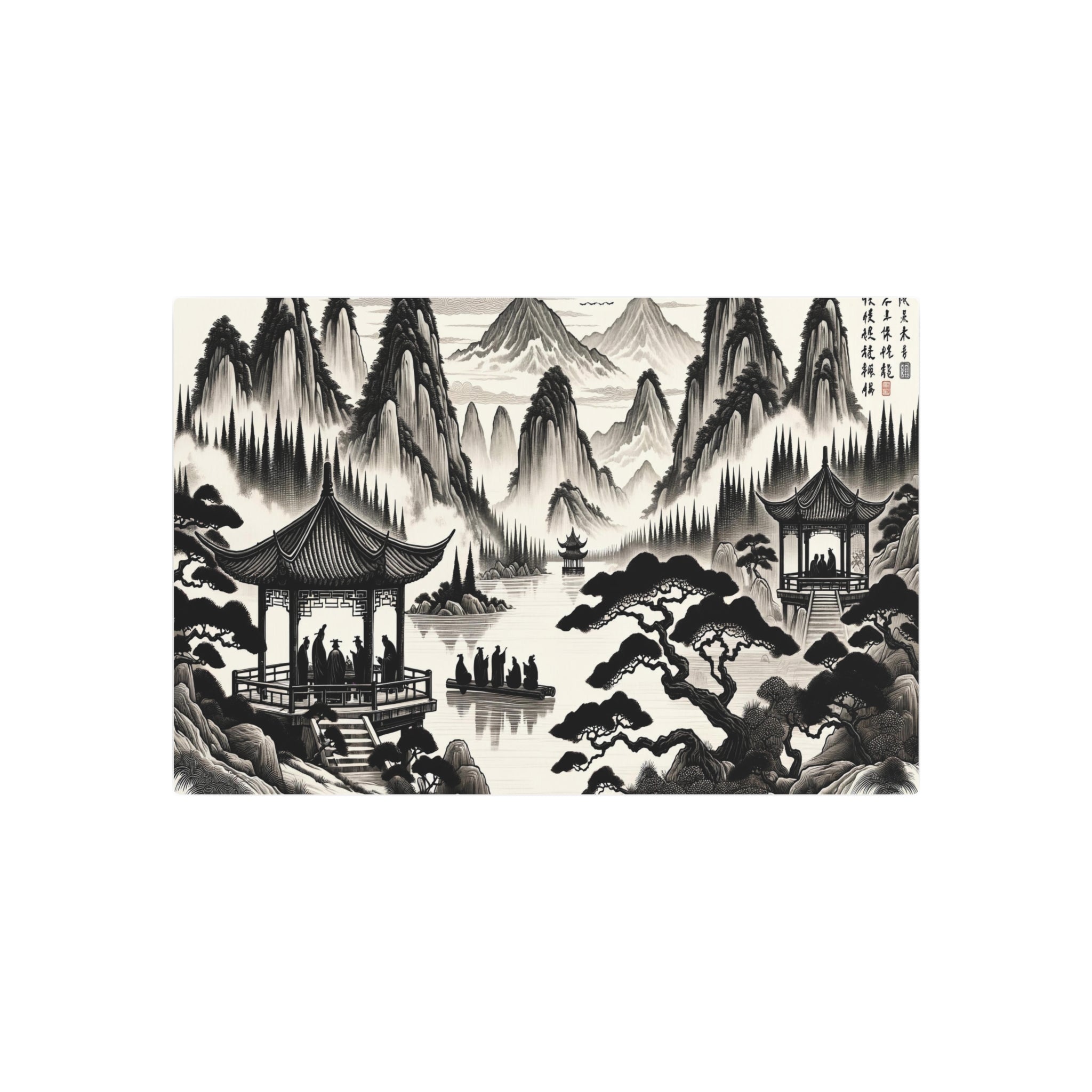 Metal Poster Art | "Tranquil Ink Wash Chinese Landscape Art: Traditional Mountains, River & Scholars Scene in Asian Art Styles Collection"