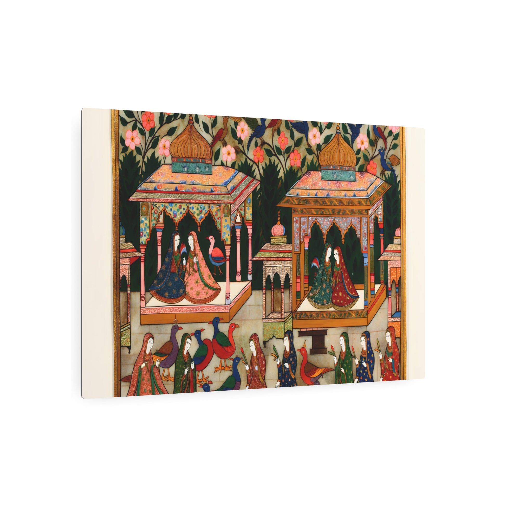 Metal Poster Art | "Mughal Miniature Artwork: Intricate South Asian Depiction of Royal Courts, Lush Gardens, and Colorful Birds in Rich Costumes - Metal Poster Art 36″ x 24″ (Horizontal) 0.12''