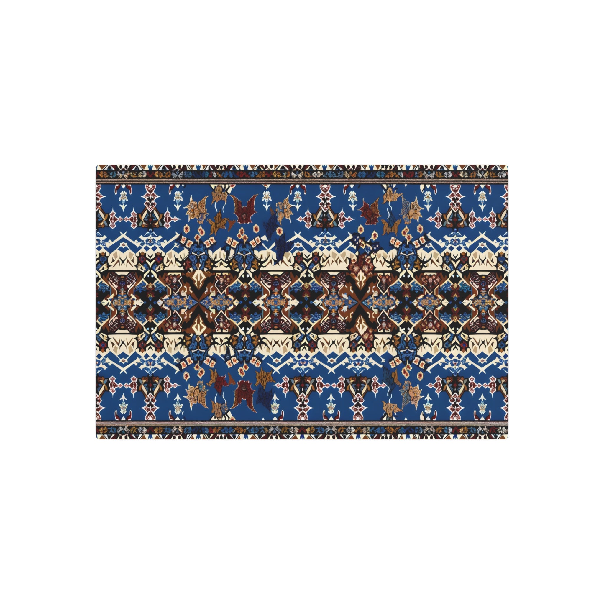 Metal Poster Art | "Traditional Indonesian Batik Art - Geometric & Floral Patterns in Deep Blue and Earthy Brown with Red & Yellow Accents - Non-Western Global - Metal Poster Art 30″ x 20″ (Horizontal) 0.12''
