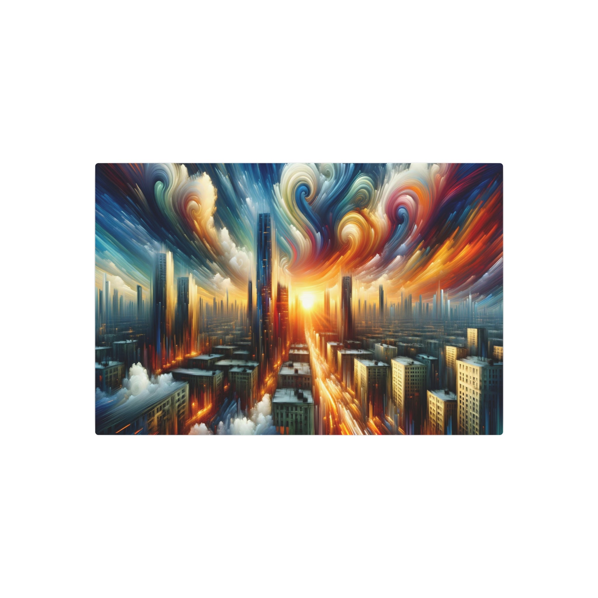 Metal Poster Art | "Expressionist Sunset Cityscape Art - Vibrant Reflections of Urban Life at Dusk"