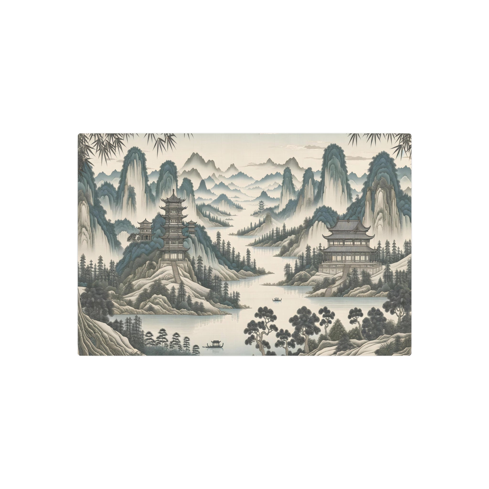 Metal Poster Art | "Traditional Chinese Art Style Panoramic Landscape - Serene Scenery with Lush Hills, Tranquil Rivers, Ancient Temples and Towering Bamboo