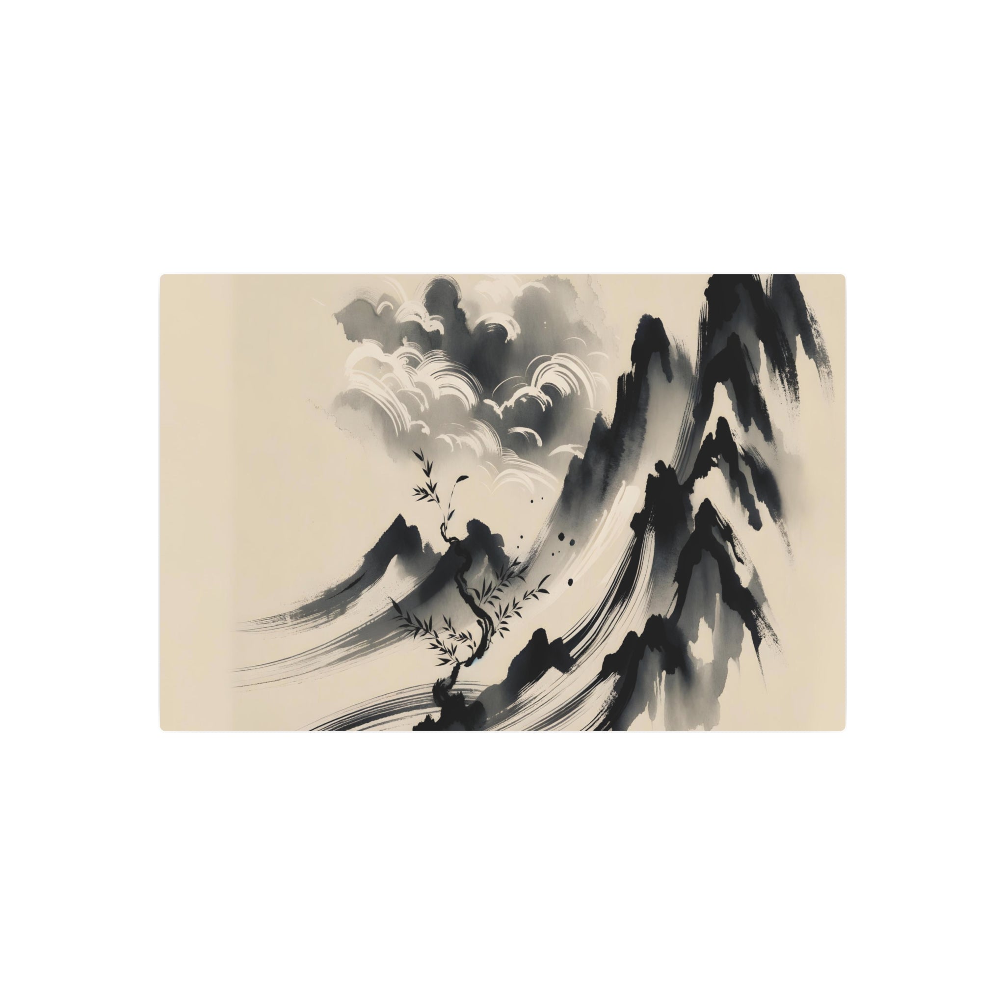 Metal Poster Art | "Sumi-e Inspired Japanese Ink Wash Art Image: A Delicate Balance of Dark and Light Brush Strokes"