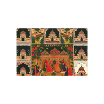 Metal Poster Art | "Mughal Miniature Inspired Artwork - South Asian Traditional Style with Rich Colors and Intricate Details - Depicting Royal Life, Lush Gardens