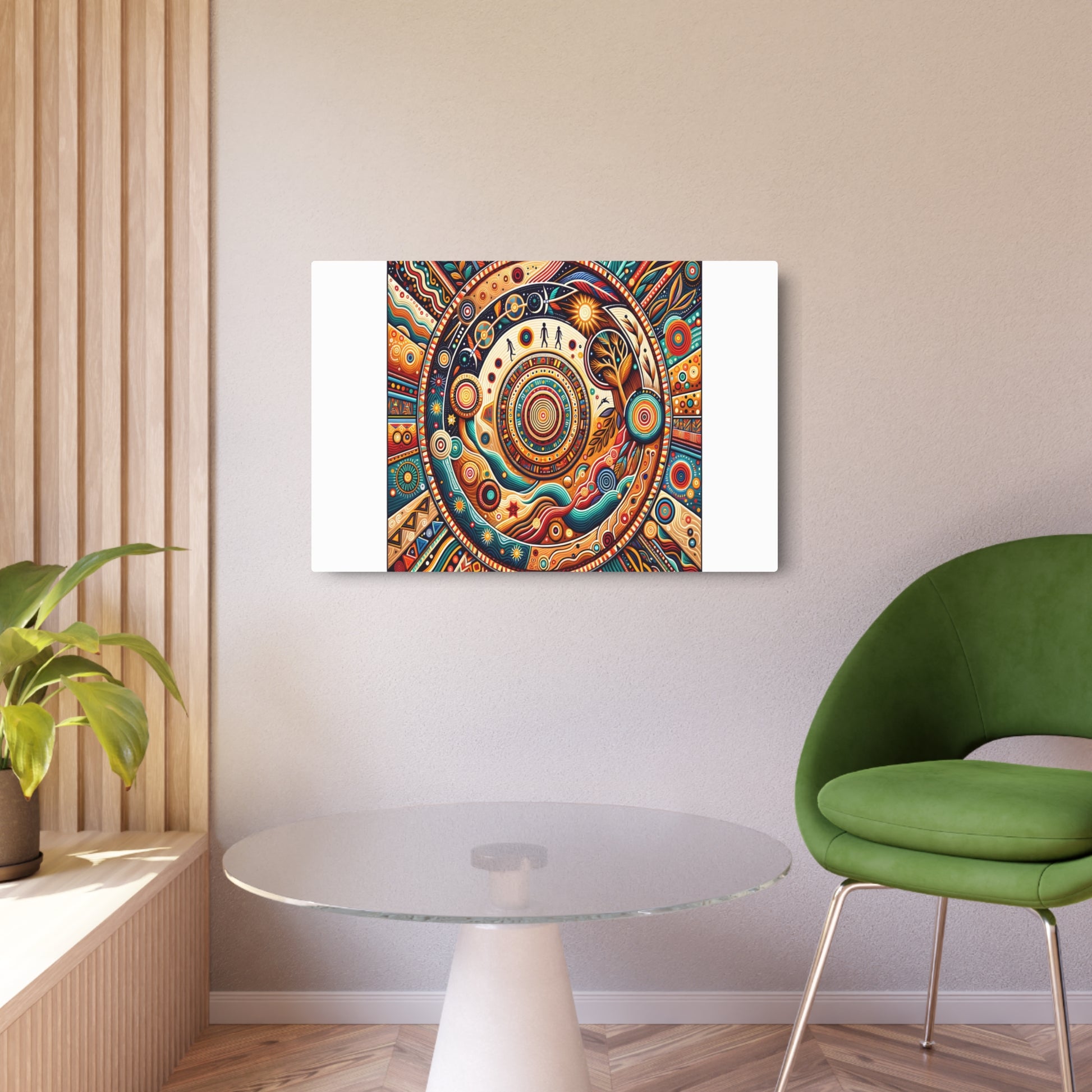 Metal Poster Art | "Vivid Aboriginal Artwork from Australia - Traditional Geometric Shapes and Patterns representing Dreamtime Stories - Non-Western Global Styles, Australian Aboriginal Art" - Metal Poster Art 36″ x 24″ (Horizontal) 0.12''