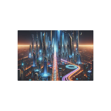 Metal Poster Art | "Futuristic Neon Cityscape at Night - Modern Contemporary Digital Art: Innovative Cyberpunk Style Advanced Skyscraper and Hyperloop Design"