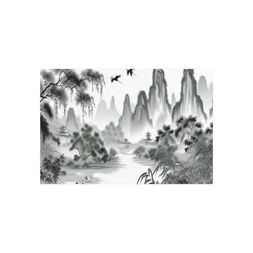 Metal Poster Art | "Traditional Chinese Ink Painting Art - Serene Mountain Landscape with River, Ancient Temples and Wildlife - Asian Art Styles, Chinese Landscape Category"